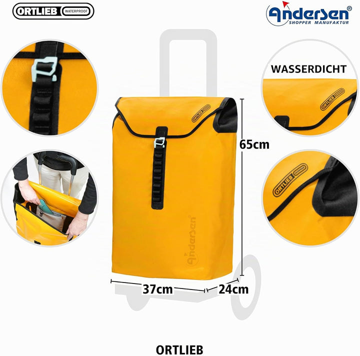 Andersen Shopper Tura Alu klappbar mit Kugellagerrad Ø 29 cm und 49 Liter Tasche Ortlieb gelb
