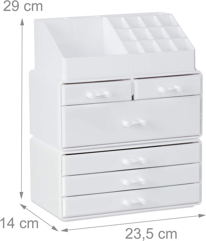 Relaxdays, weiss Kosmetikorganizer mit 6 Schubladen, 22 Fächer Make Up Organizer, Grosse Schmink-Auf