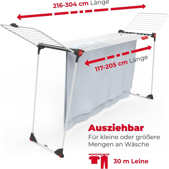 Vileda Infinity Flex Plus Wäscheständer, bis zu 2m ausziehbares Mittelteil, 30m Trockenleine, hohe F