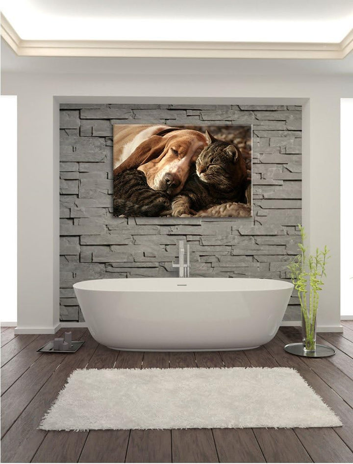 Katze und Hund kuschelnd, Format: 100x70 auf Leinwand, XXL riesige Bilder fertig gerahmt mit Keilrah