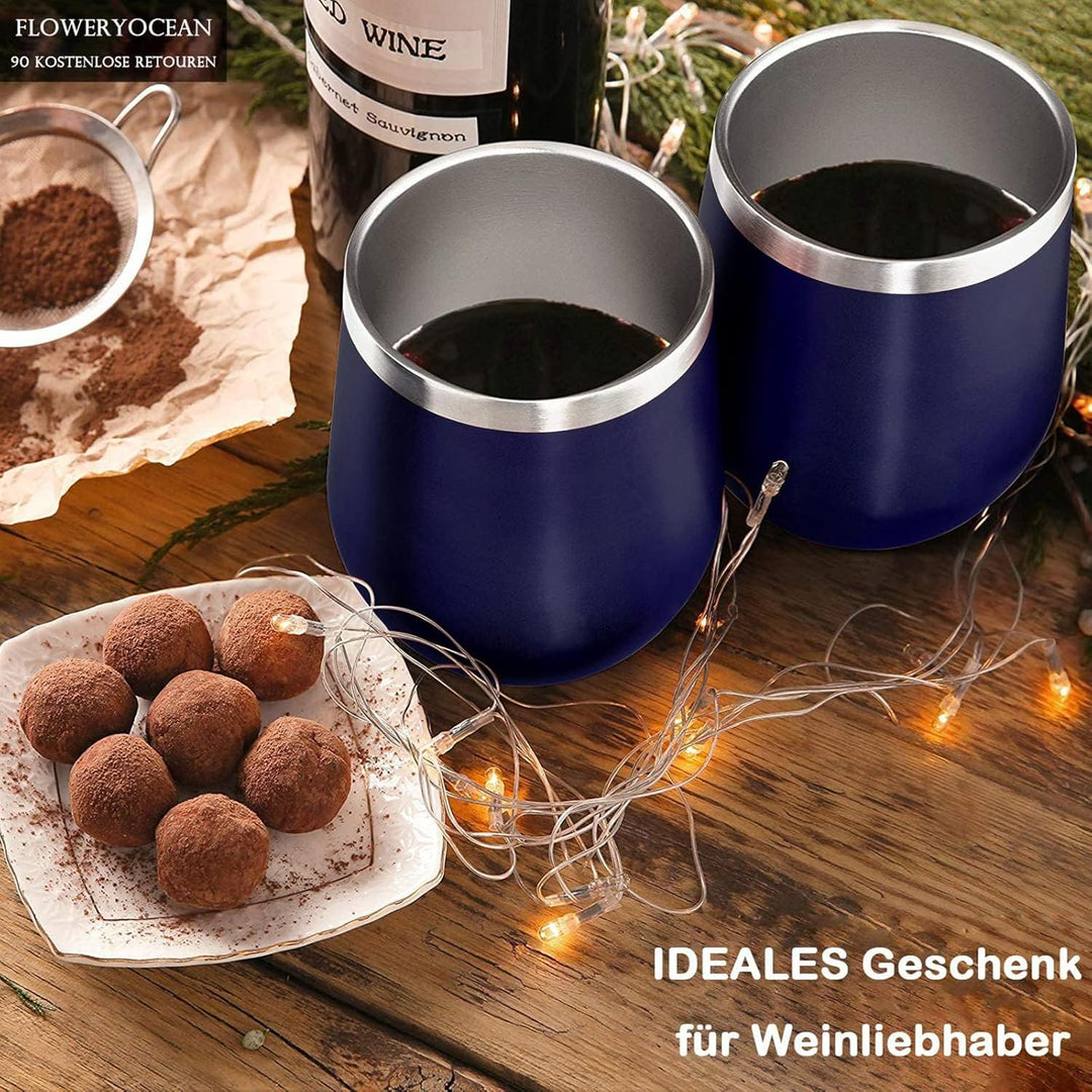 Weinbecher aus Edelstahl,2 Stück 12OZ Weingläser to go,hält 5h heiss/ 10h kalt,BPA-frei,Doppelwandig