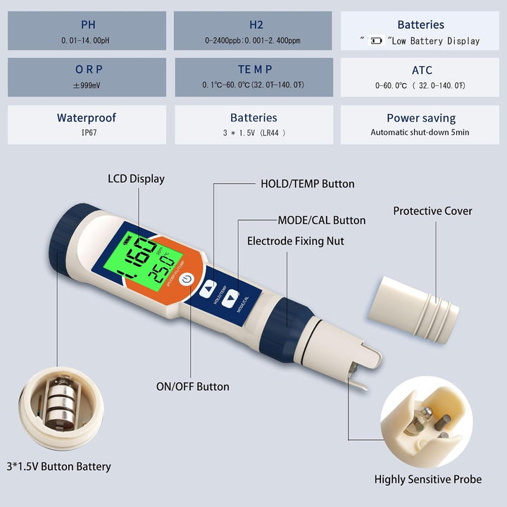 pH Messgerät Wasser, 4-in-1 pH/ORP/H2/TEMP Tester, ppm messgerät wasser Acqua IP67 Wasserdicht 0,01