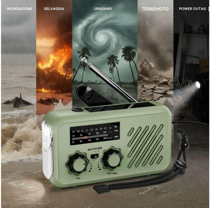 Notfall Radio, 3-Wege-Ladung (Solar, Kurbel, USB-C) Powerbank, 2000mAh Akku, AM/FM Radio, SOS, LED-T