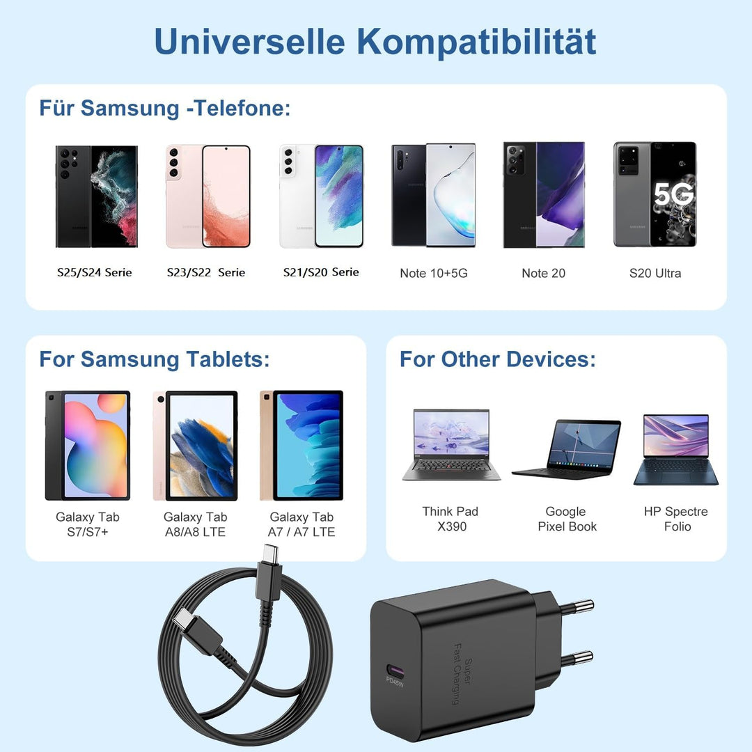 45W USB C Ladegerät für Samsung S25, Schnellladegerät mit Typ-C Ladekabel 2M, Fast Charger Adapter N