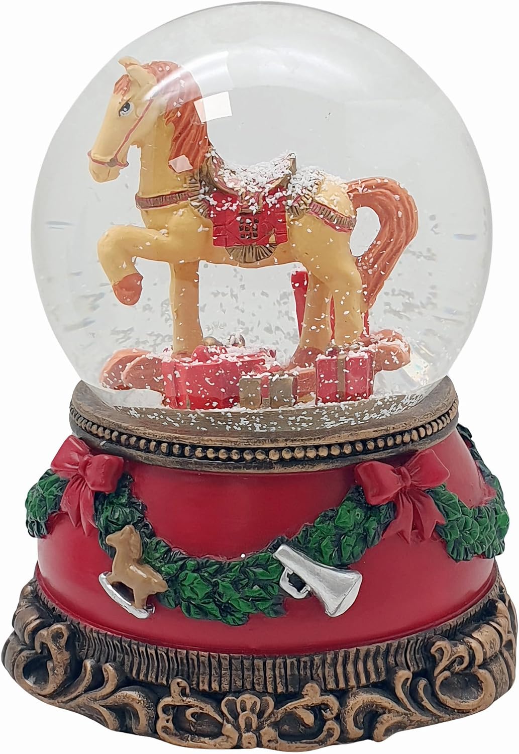 Weihnachts-Schneekugel mit Musik | Schneekugel Schaukelpferd mit Geschenkpaketen | Sockel Weihnachte