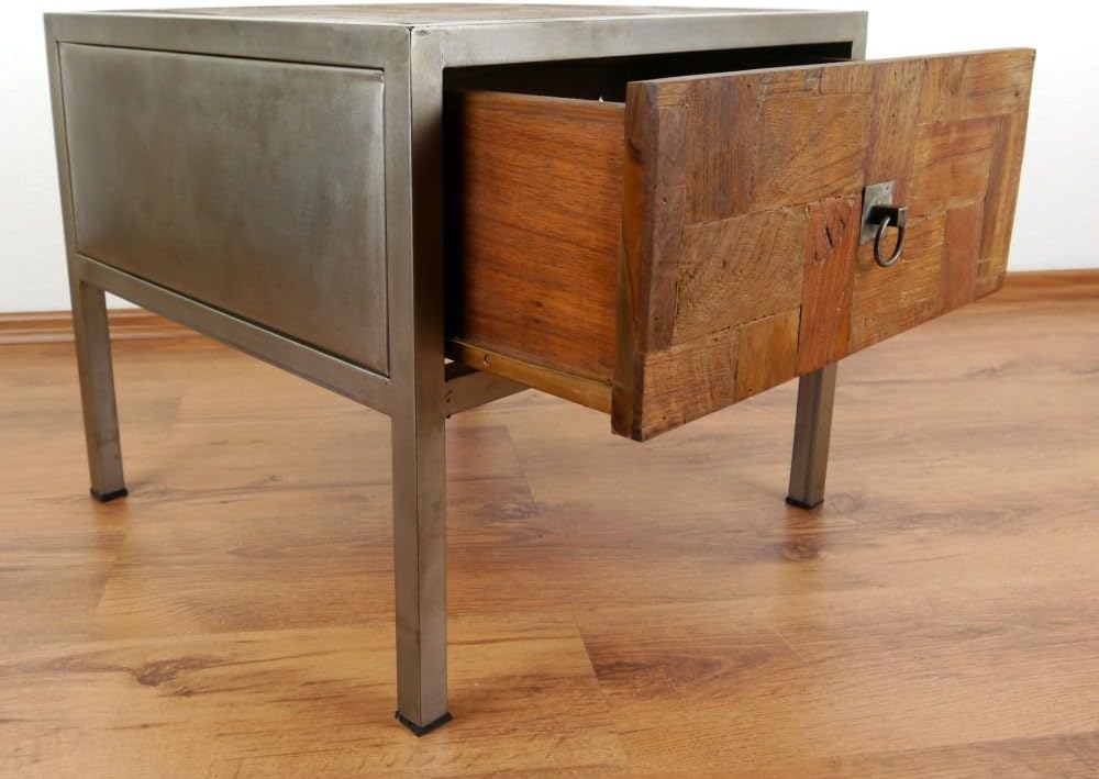 livasia Java Beistelltisch aus Metall und Teakholz | Nachttisch im Industrial Design | Asiatische Mö
