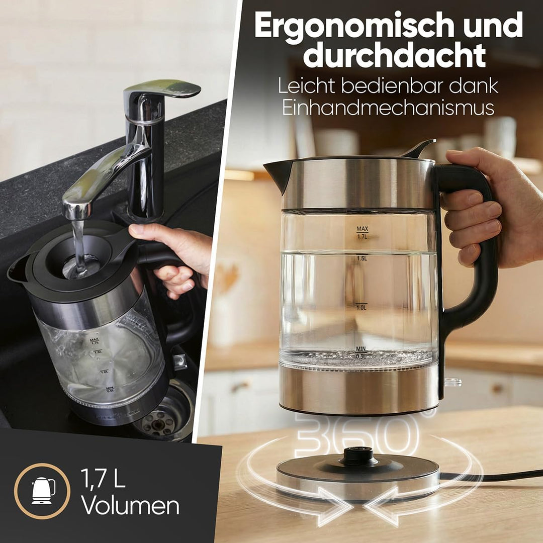 ProfiCook® Wasserkocher Glas | 1,7L | 2200W | beleuchtet | BPA frei | Einhandbedienung | 360° drehba