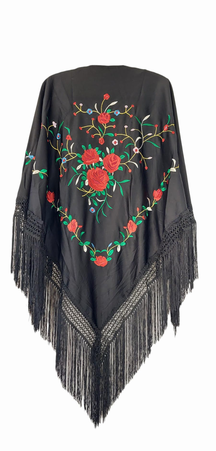 Dreieckiger bestickter Schal mit Fransen, 150/100/20 Schwarz, Schwarz