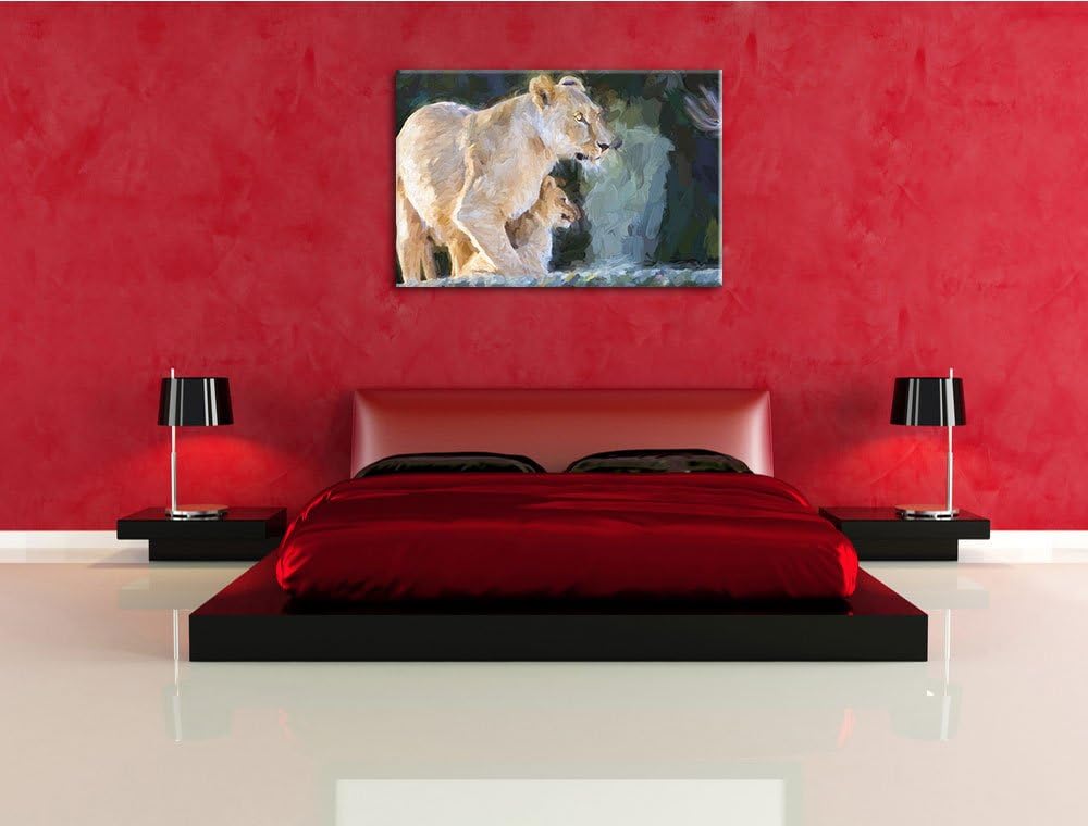 Löwenmutter mit Jungtier Deluxe Format: 100x70 cm auf Leinwand, XXL riesige Bilder fertig gerahmt mi