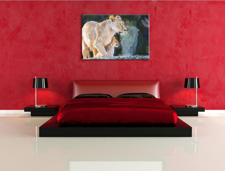Löwenmutter mit Jungtier Deluxe Format: 100x70 cm auf Leinwand, XXL riesige Bilder fertig gerahmt mi