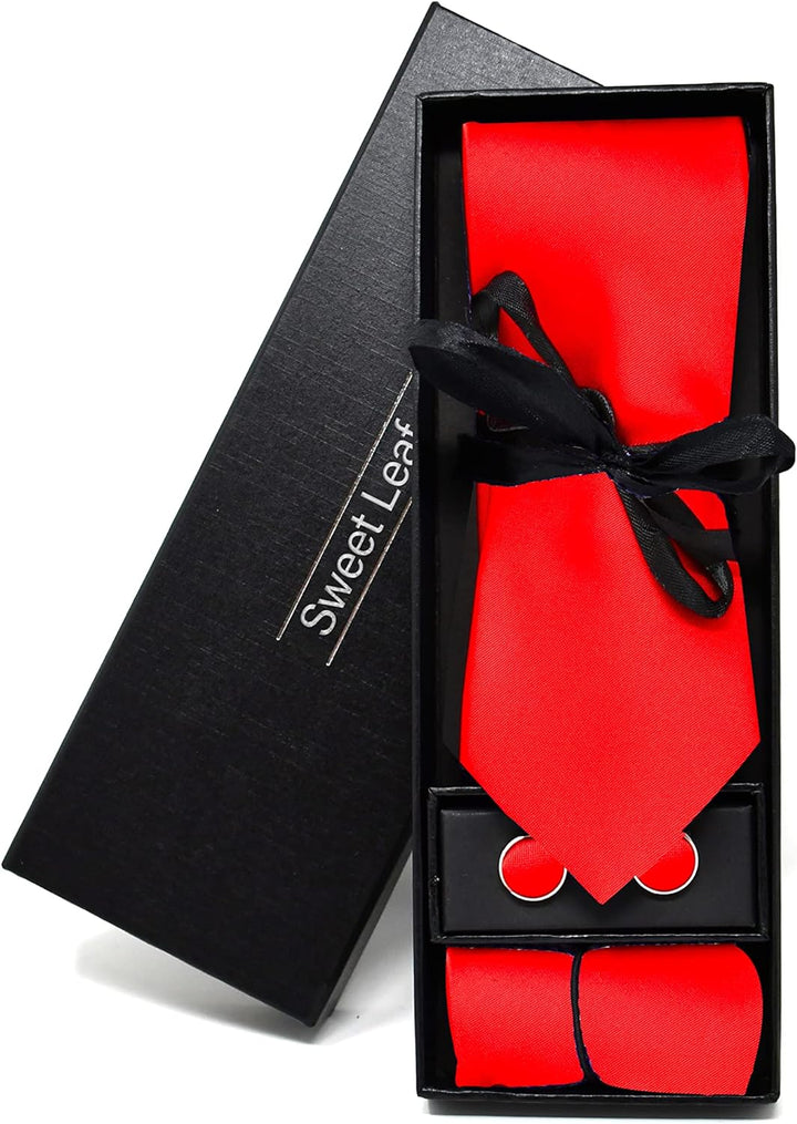 Sweet Leaf Krawatte Set mit Rot Satin Krawatte, Einstecktuch und Manschettenknöpfe für Herren - 100%