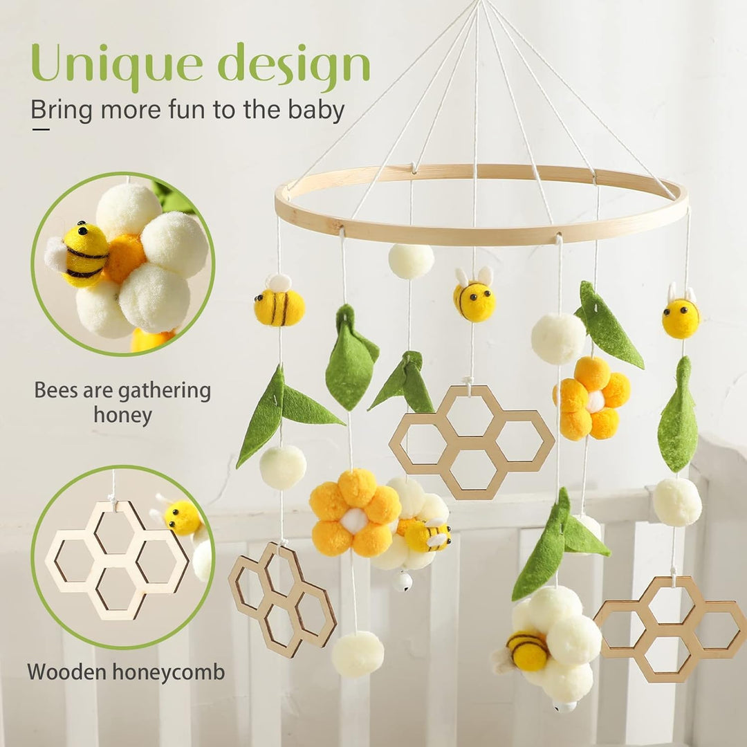 Mobile Baby Holz + Wollknäuel, Frische Blumen und Bienen, Windspiel Rassel Wickeltisch, Kinderzimmer
