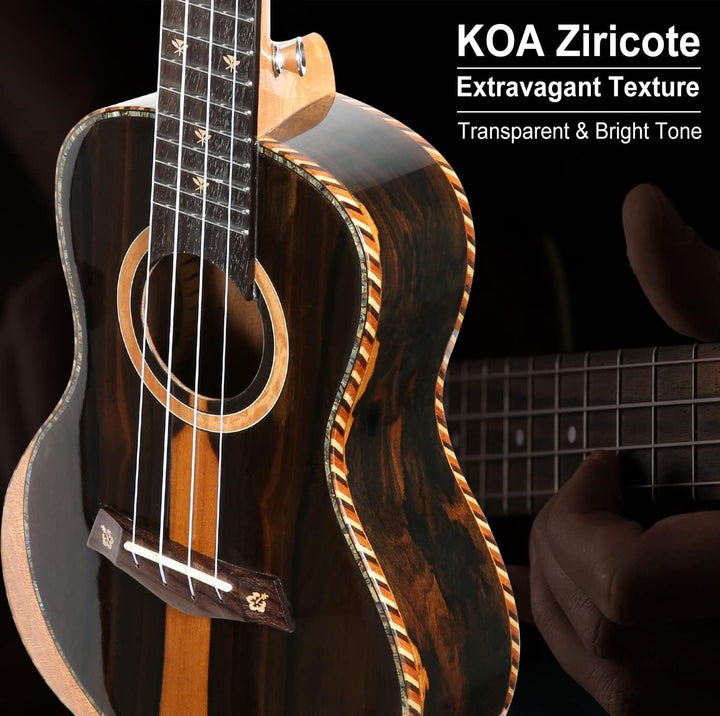 Hricane Konzert-Ukulele Ziricote 23 Zoll Profi Hawaii Ukulelen für Anfänger mit Gigbag Strap Strings