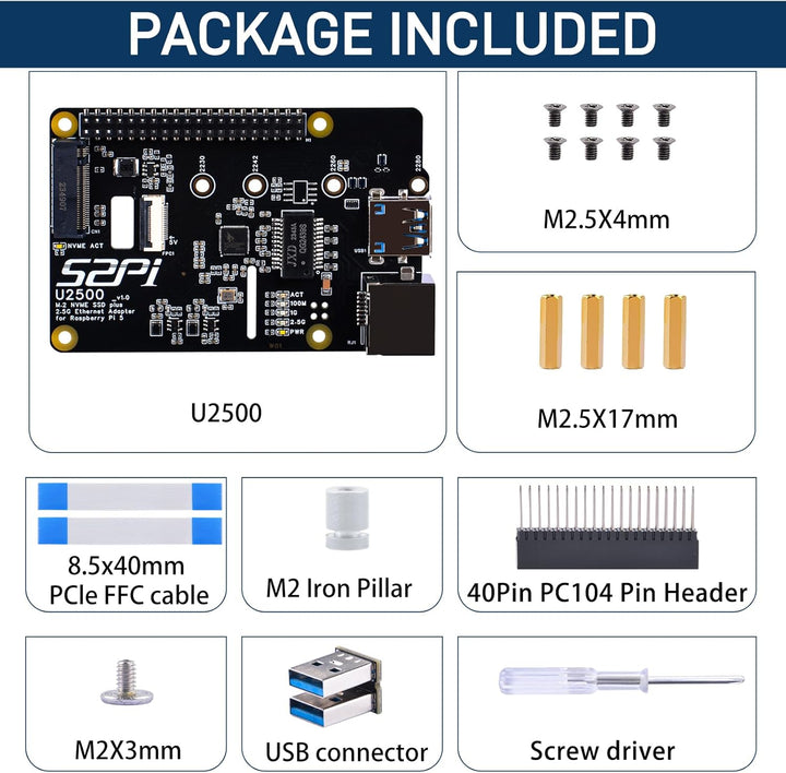 GeeekPi W01 U2500 USB 2.5G Ethernet M.2 NVMe M-Key SSD Shield für Raspberry Pi 5, M.2 PCIe auf NVMe