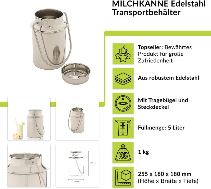 Transportkanne 6,0 ltr. Milchkanne Transportbehälter Metall Edelstahl Kanne Milchkrug