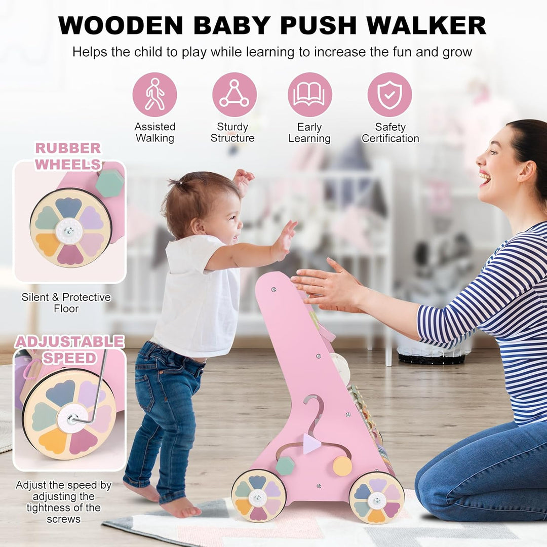 11 in 1 Lauflernhilfe Holz Multifunktion Baby Walker mit gummierten Holzrädern, Kognitive Entwicklun