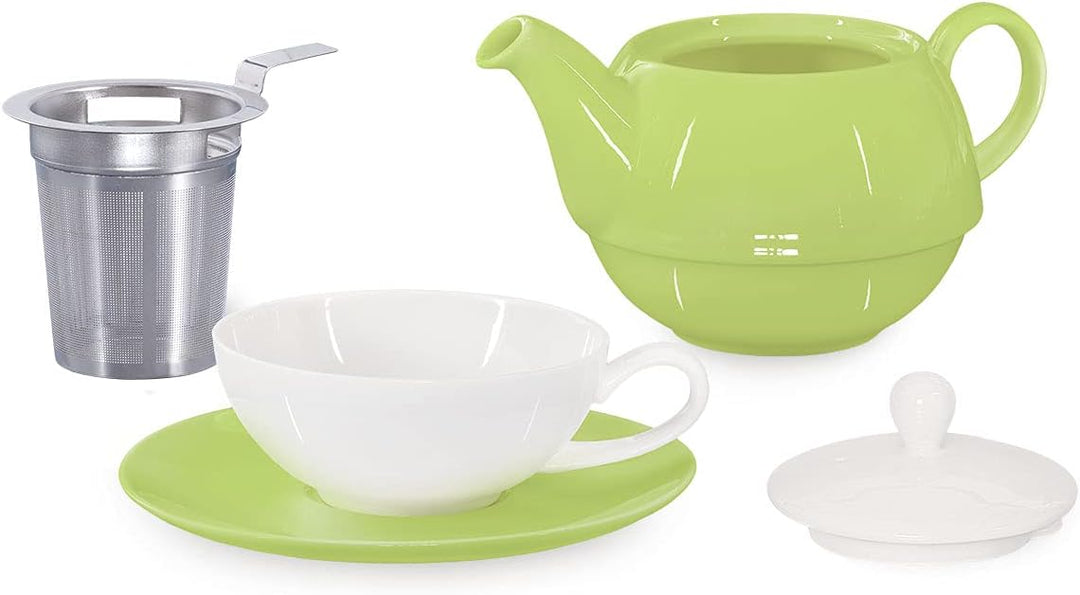 Tea for One mit Sieb Lena 500ml aus Crystal Bone China Porzellan in grün. Teekanne + Teetasse + Unte