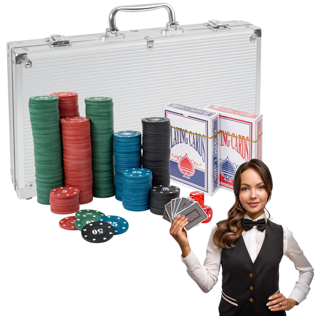 H&F Heimtextilien Pokerkoffer Set 300 Chips – Komplettes Poker Spielset mit Karten Würfeln & Dealer-