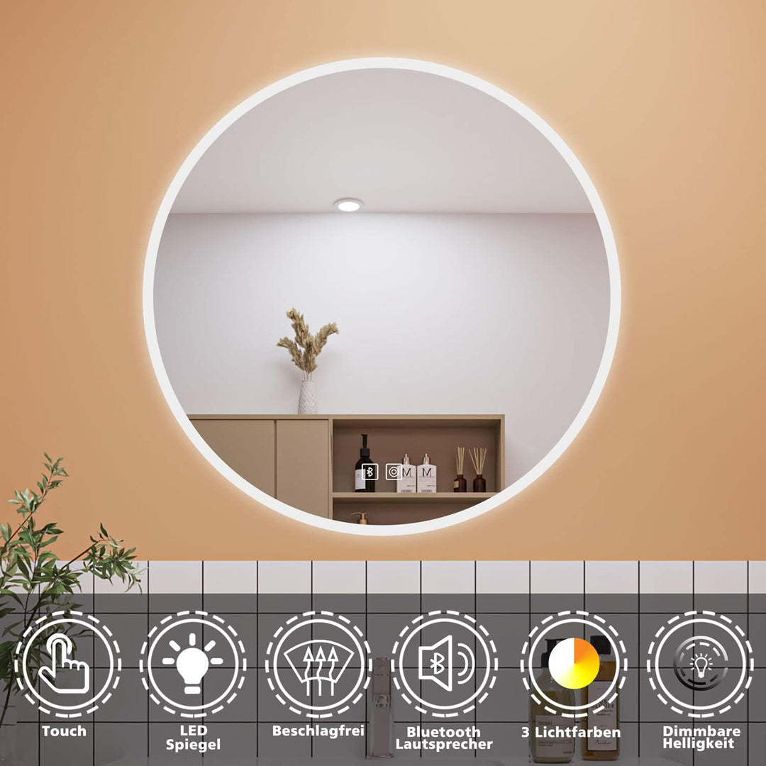 Aica Sanitär Runder Badspiegel Rund 80cm Bluetooth 3 Lichfarbe dimmbar Touchschalter Anti-Beschlag S