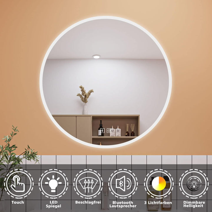 Aica Sanitär Runder Badspiegel Rund 80cm Bluetooth 3 Lichfarbe dimmbar Touchschalter Anti-Beschlag S