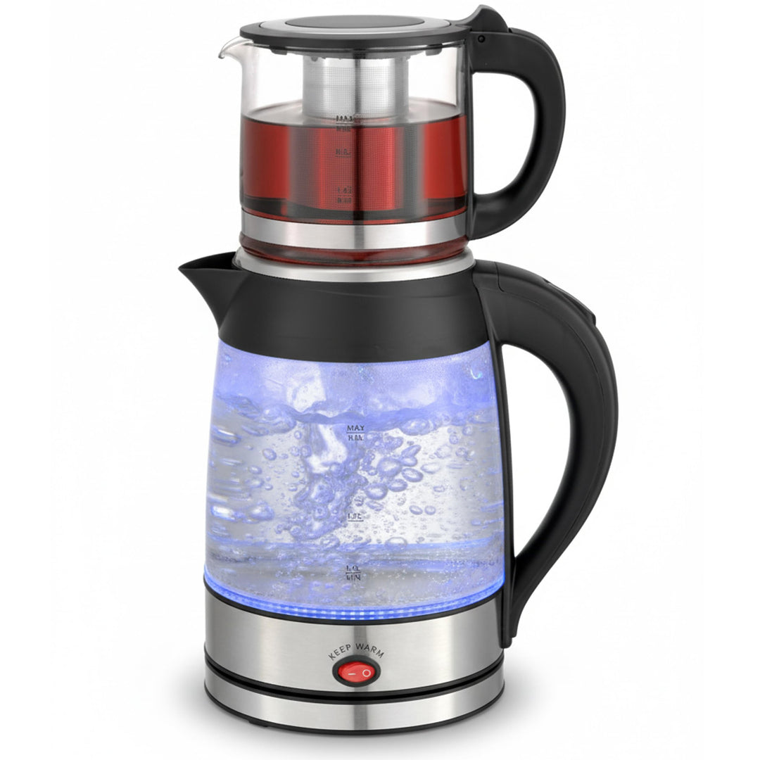 Siberg Teekocher Set 3-in-1 – Türkische Teemaschine mit 1,8L Wasserkocher, 800ml Glaskanne, 2200W Le
