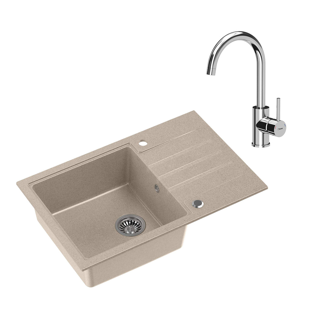 VBChome Spüle mit Armatur 78 x 50 cm Tiefes Becken 20cm Beige Küche Grosse Abtropfflache Einbauspüle