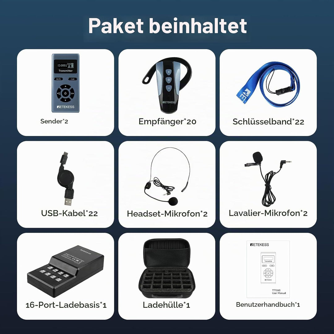 Retekess TT106S Drahtloses Tourguide-System, Ohrbügel-Empfänger, 2.4GHz, One-Touch-Bedienung, USB-La