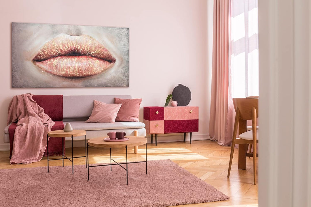 YS-Art Abstrakt Acryl Gemälde auf Leinwand Kussmund handgemalt Wandbilder Wohnzimmer modern Wohndeko