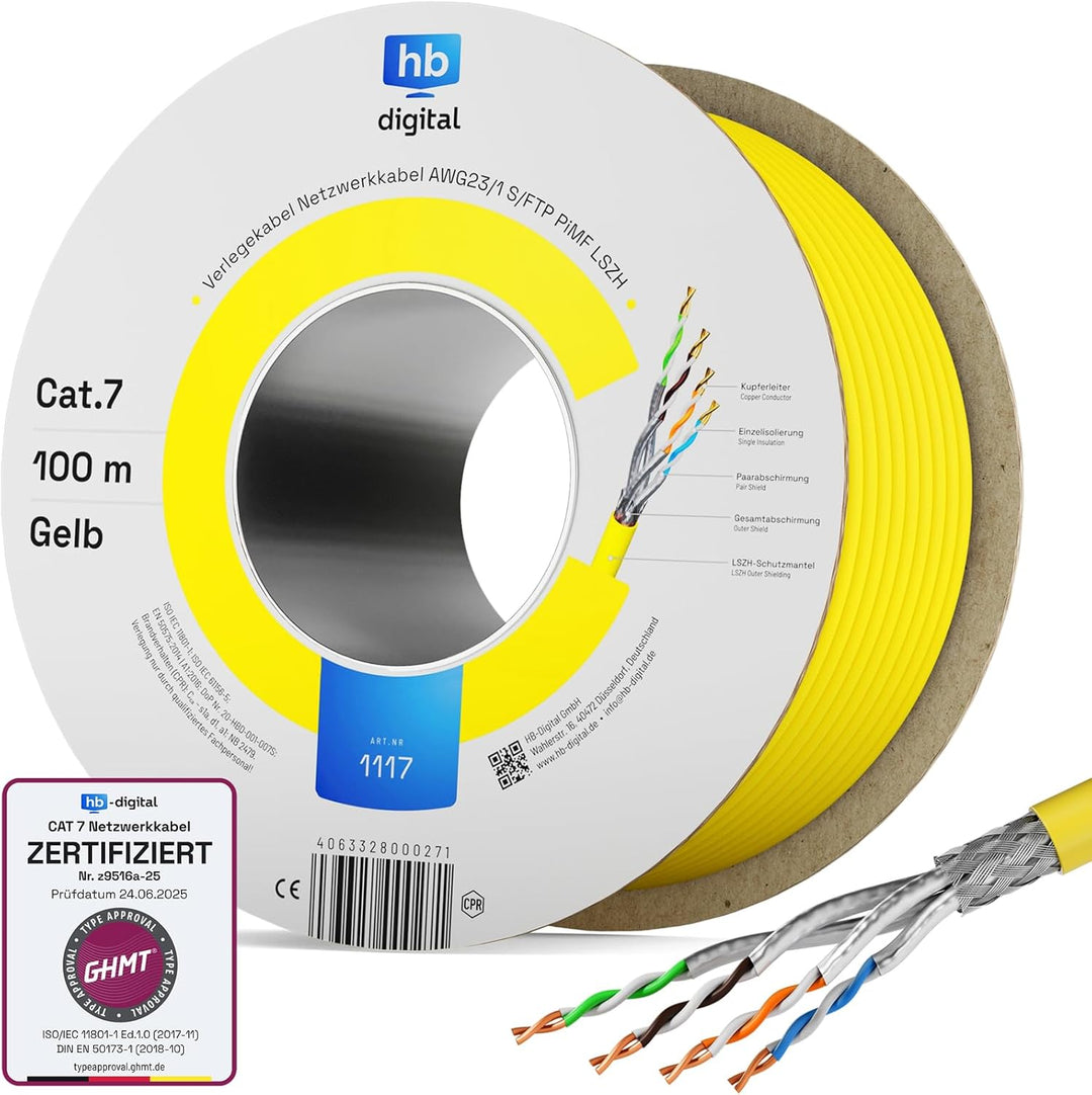 HB-DIGITAL 100m CAT.7 Netzwerkkabel LAN Kabel Verlegekabel AWG 23 Reines Kupfer S/FTP PiMF LSZH Halo