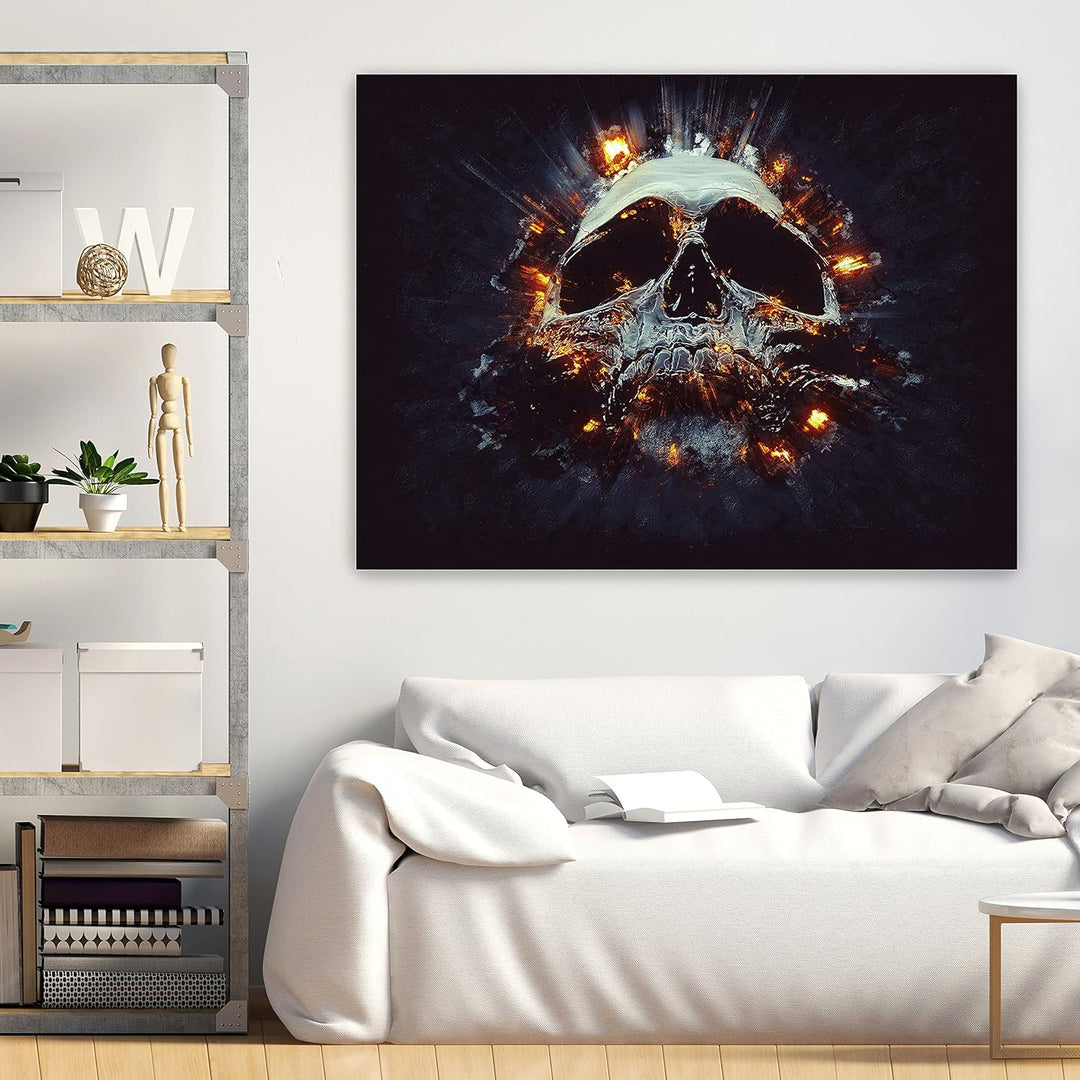 wandmotiv24 Totenkopf Wandbild aus Acrylglas, Grösse 80x60cm, Querformat, Explosion Schädel, Feuer,