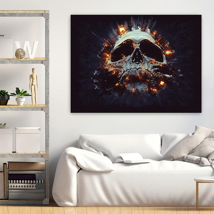 wandmotiv24 Totenkopf Wandbild aus Acrylglas, Grösse 80x60cm, Querformat, Explosion Schädel, Feuer,