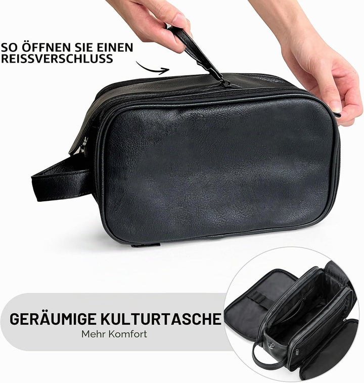 Elviros Kulturbeutel Herren, Geschenke für Männer, PU-Leder Wasserdicht Reise Grosse Öffnung Kulturb