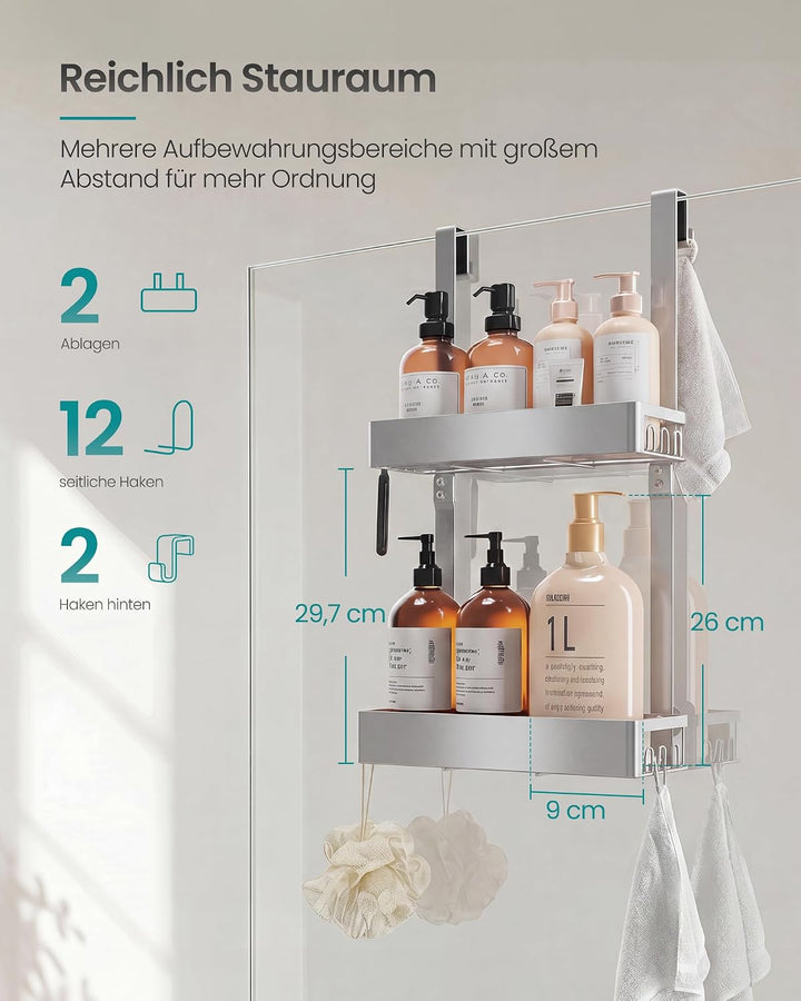 SONGMICS Duschablage ohne Bohren, 2 Ebenen Duschregal zum Hängen, Silber | Badezimmer Organizer mit