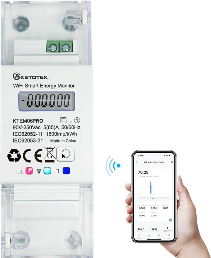 KETOTEK Smart Stromzähler Hutschiene 1 Phasig Bidirektional, Digital Energiezähler WLAN 5(65) A 90-2
