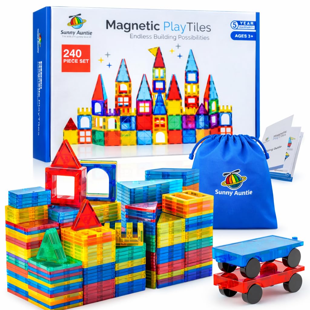 Magnetische Fliesen, 240 Stück + Bonus Reissverschlusstasche, magnetische Fliesen für Kinder, Spielz