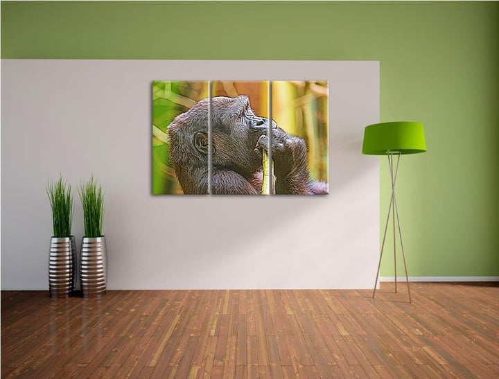 Gorilla isst NewArt 3-Teiler Leinwandbild 120x80 Bild auf Leinwand, XXL riesige Bilder fertig gerahm