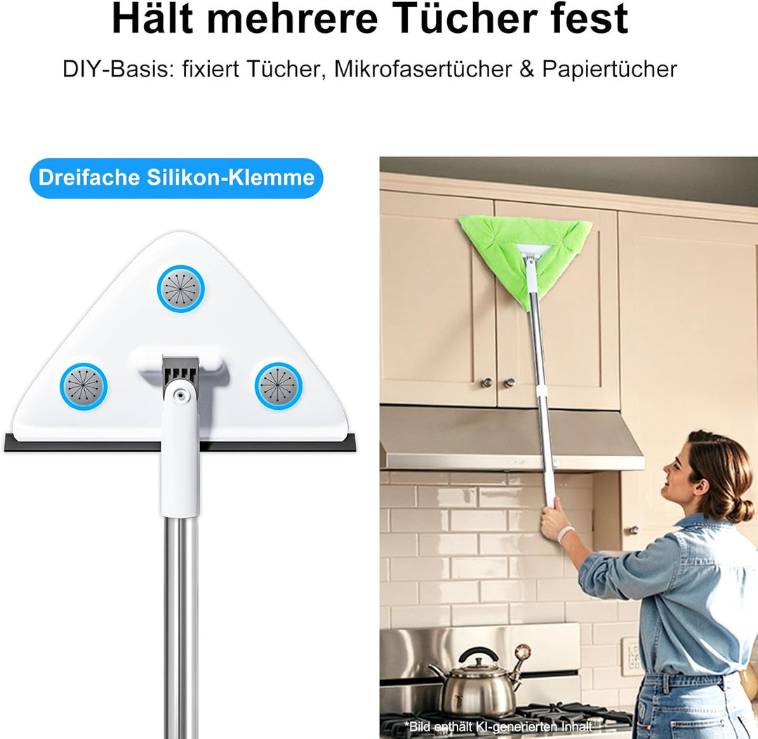 CTIME 3-in-1 Fensterreiniger mit 360° drehbarem Dreieckkopf & Teleskopstiel (200 cm) – Fensterabzieh
