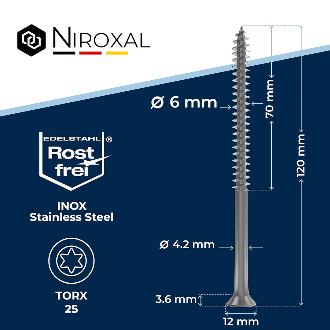 Schrauben Torx Edelstahlschrauben 6x120 Edelstahl V2A rostfrei Spanplattenschrauben für Holz Teilgew