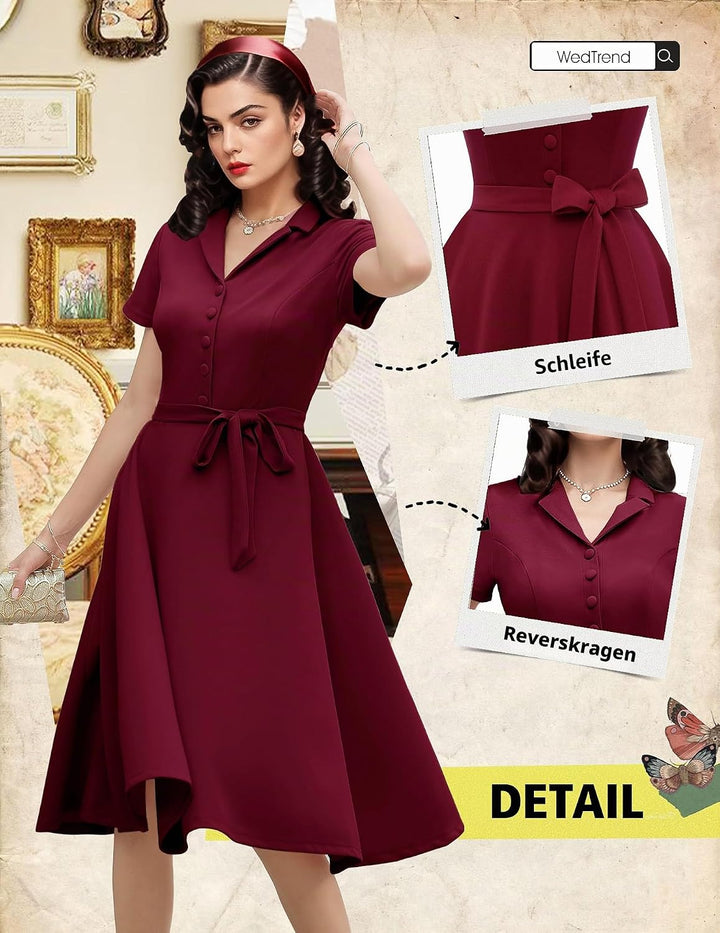 Wedtrend Vintage Cocktailkleid Damen A Linie Midilang V-Ausschnitt Abendkleid Elegant Freizeitkleide