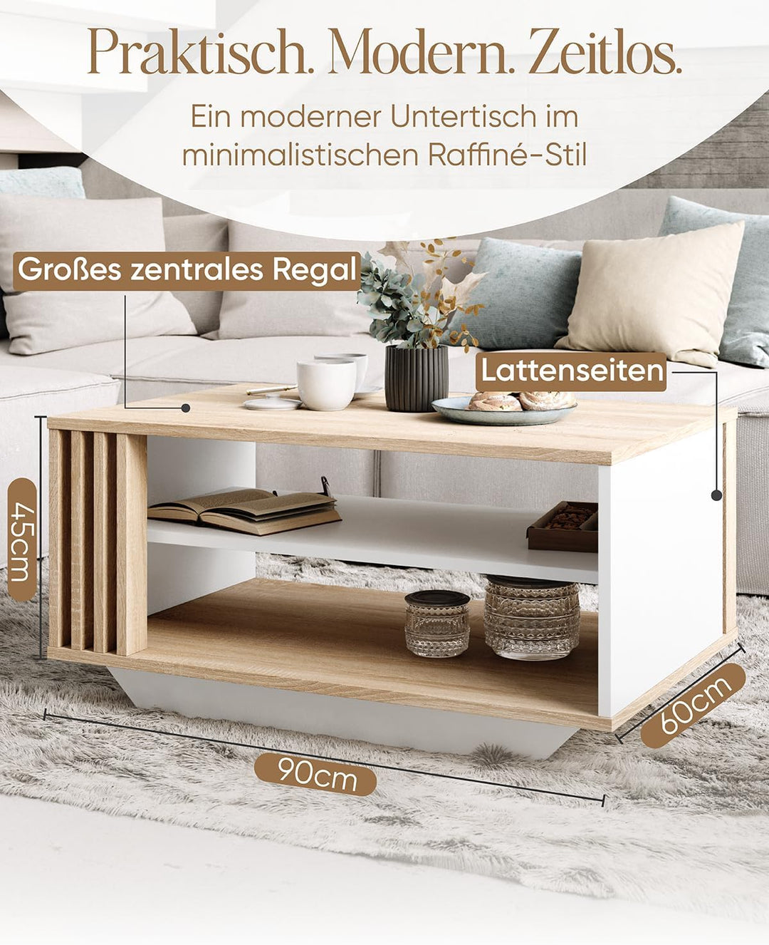 Viosimc Couchtisch, Wohnzimmertisch mit modernen Lamellen, moderner und stilvoller rechteckiger Kaff