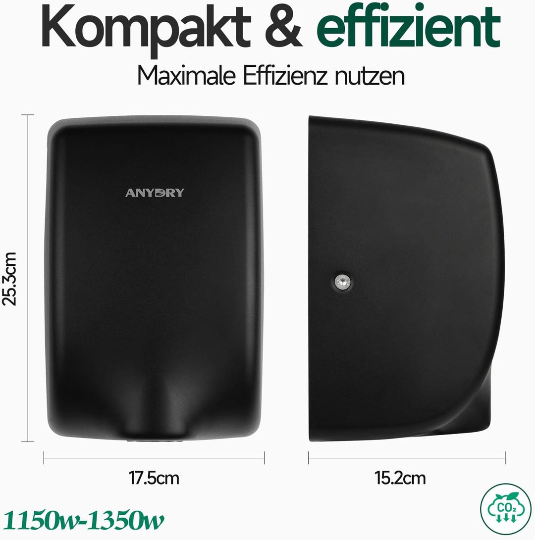 anydry 2803Y Mini-Händetrockner, Hochgeschwindigkeits-Luftstrom 1350W, Edelstahl-Mattlack-Oberfläche