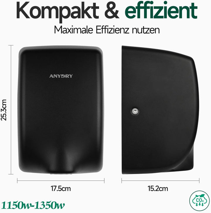 anydry 2803Y Mini-Händetrockner, Hochgeschwindigkeits-Luftstrom 1350W, Edelstahl-Mattlack-Oberfläche