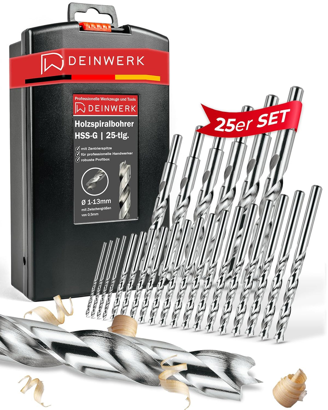 Holzbohrer Set 1-13mm, 25-tlg, HSS-G, Holz-Spiralbohrer für Bohrmaschine & Akkuschrauber, Bohrer Set