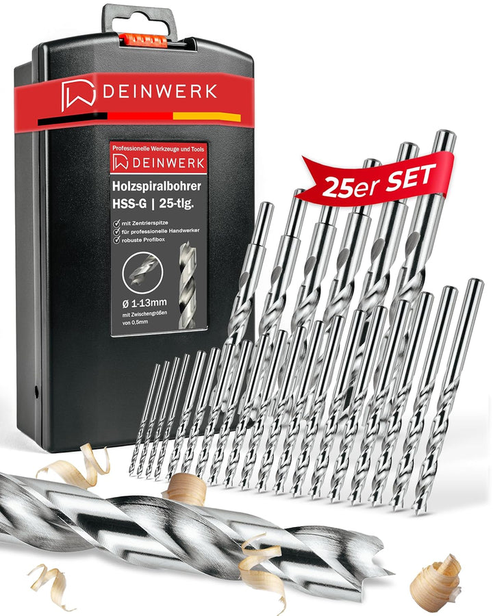 Holzbohrer Set 1-13mm, 25-tlg, HSS-G, Holz-Spiralbohrer für Bohrmaschine & Akkuschrauber, Bohrer Set