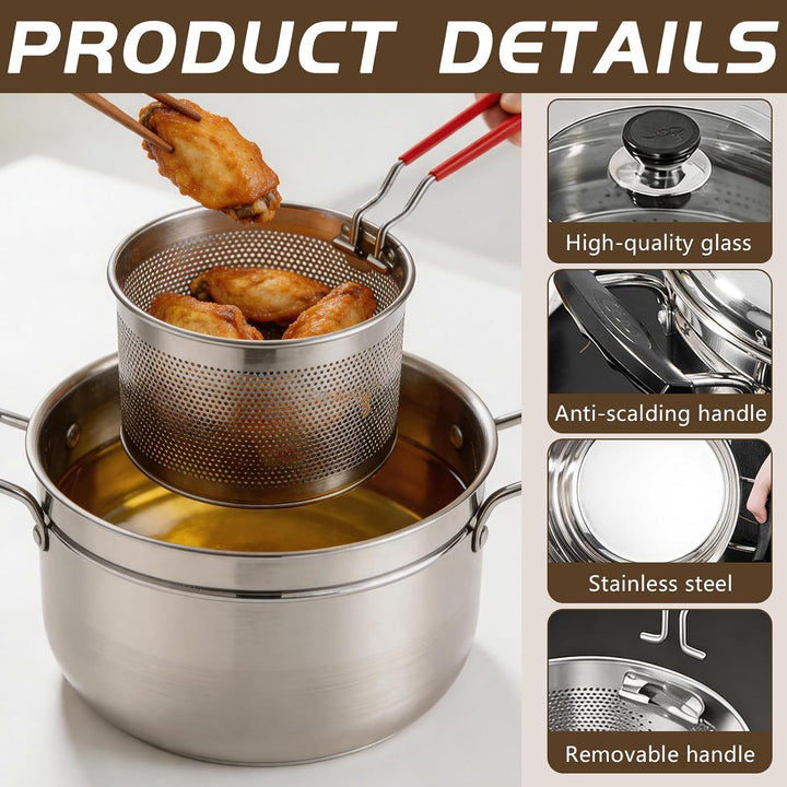 Tiegelfritteusen, 4L Fritteusen Set Mit Dampfkorb Deckel Und Sieb Edelstahl Fritteuse Topf Frites Ko