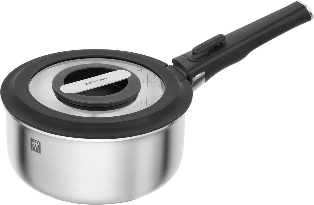 ZWILLING Unlock Kochtopfset 5-tlg (Kochtopf 20+16 cm, Griff, 2 Glasdeckel), Stapelbar, Abnehmbarer G