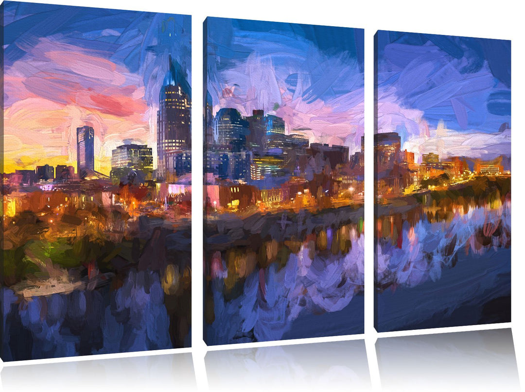 Pixxprint Nashville Skyline Panorama Kunst Pinsel Effekt 3-Teiler Leinwandbild 120x80 Bild auf Leinw