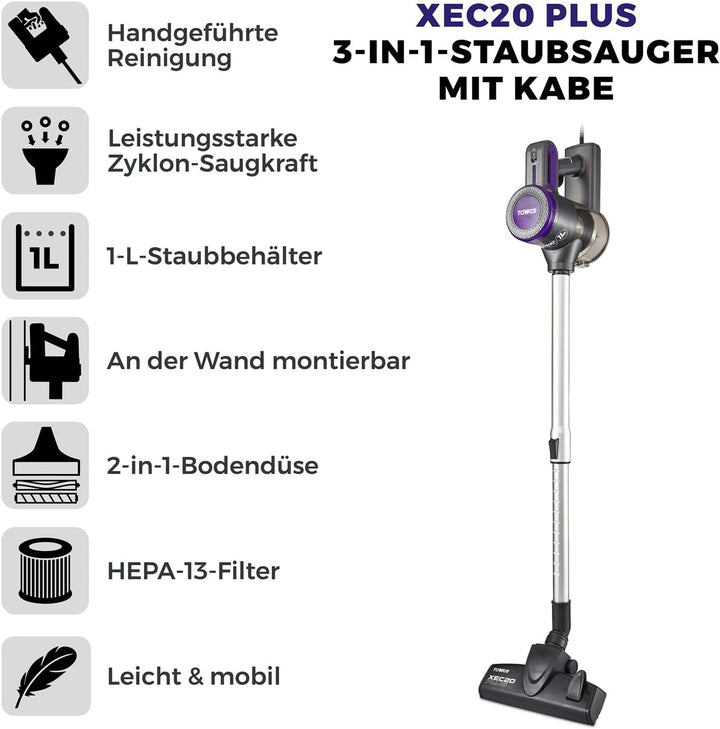 Tower T513005 Pro XEC20 3-in-1 Staubsauger mit Kabel, Zyklon-Saugkraft, Integriertem HEPA-13- Filter