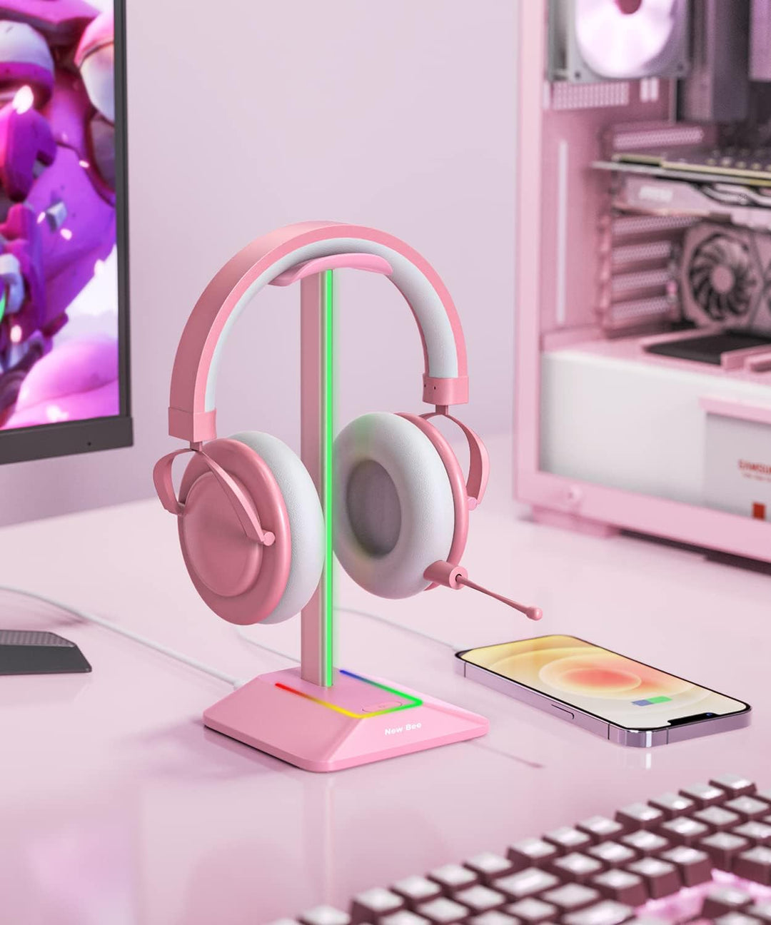New Bee Kopfhörer Ständer RGB Headset Halterung mit USB Typ-C Ladegeräten und Datenübertragung Unive