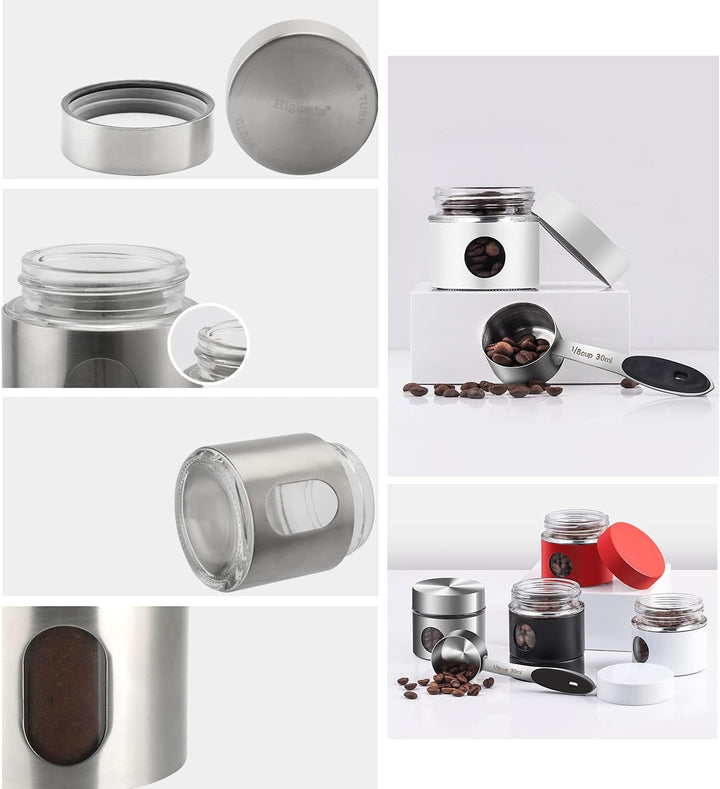 Kaffeedose, Reisedose, Mini-Frischhaltedose, luftdicht, Edelstahl und Glas, ideal für Kaffeebohnen u